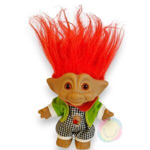 VTG Ace Novelty Treasure Troll Doll Red Hair Star Gem Belly Houndstooth Outfit
